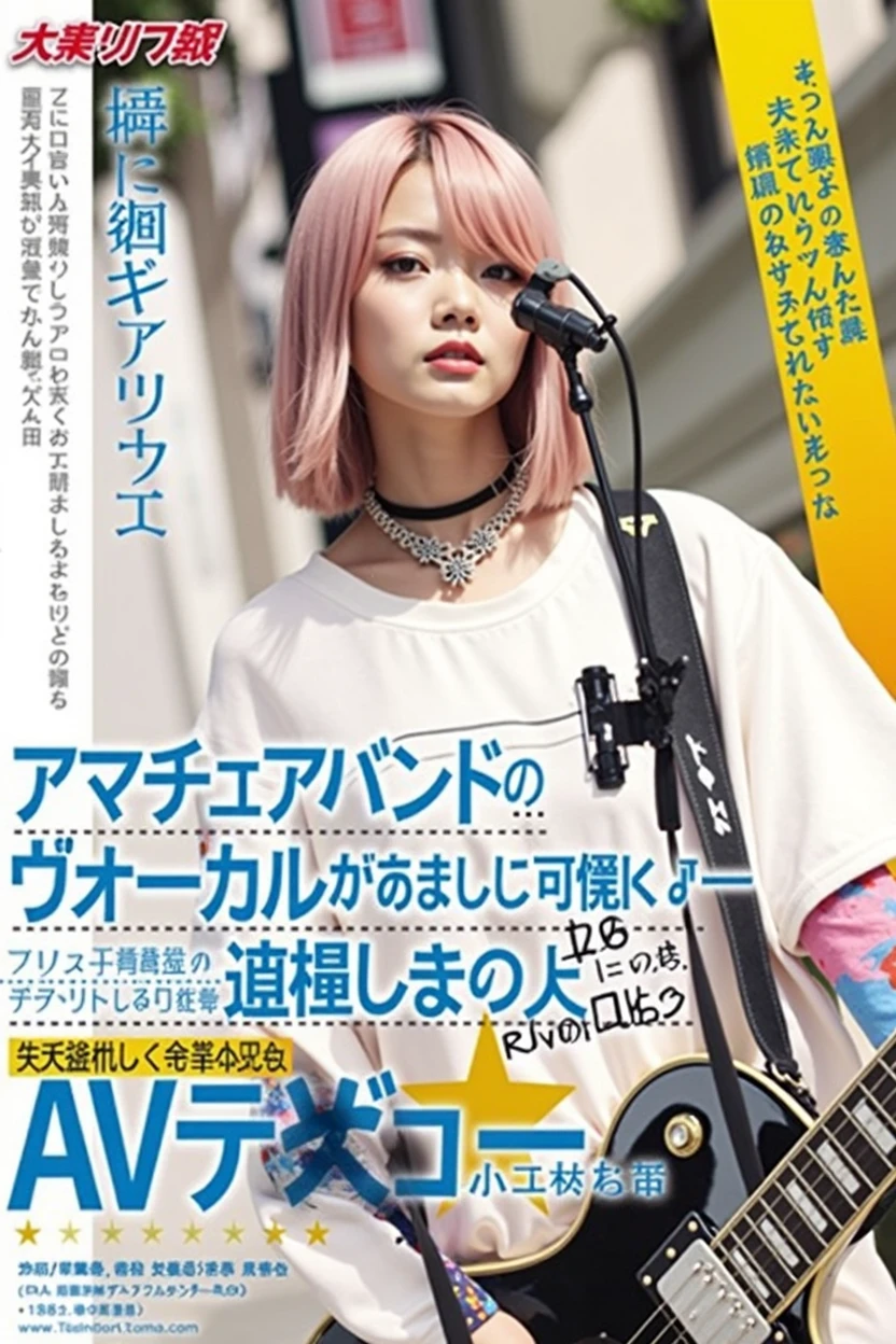 Poster layout for adult video, with text on screen: "The underground rock band vocalist is so cute that I decided to take off her clothes "Ryoko Arisugawa" "AV Debut!"、(((Japanese woman carrying a large black guitar case))), 26 year old adult woman wearing a black crew neck top with large English letters on her chest and short blue jeans posing for a photo, busty female porn actor, dynamic pose, model pose for rock music magazine, unimaginably beautiful woman with slender curves, Japanese female fashion model, (((very bright pink hair))), happy, thick chain jewelry around neck and arms, (((in front of a strip theater in Asakusa))), pure and beautiful smile, intelligent face, slender curves, big breasts, wearing a black t-shirt, a very small leather jacket, denim shorts, (((extreme low angle))), zero, building, carrying a black guitar case with a guitar strap attached