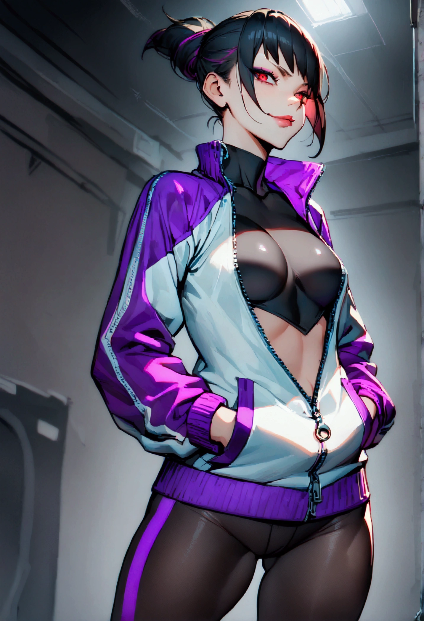 beautiful young fitness woman with , in a gym wearing May with black pantyhose, white and purple fitted gym jacket. standing alone,red eyes glowing,Evil smile,legging preto ,lips,dark eyeshadow,glare eyes,hands in pockets,necklase,half open jacket zipper,Tight black shirt,white sports sneakers,short hair with purple details,beautiful curves,all-body
