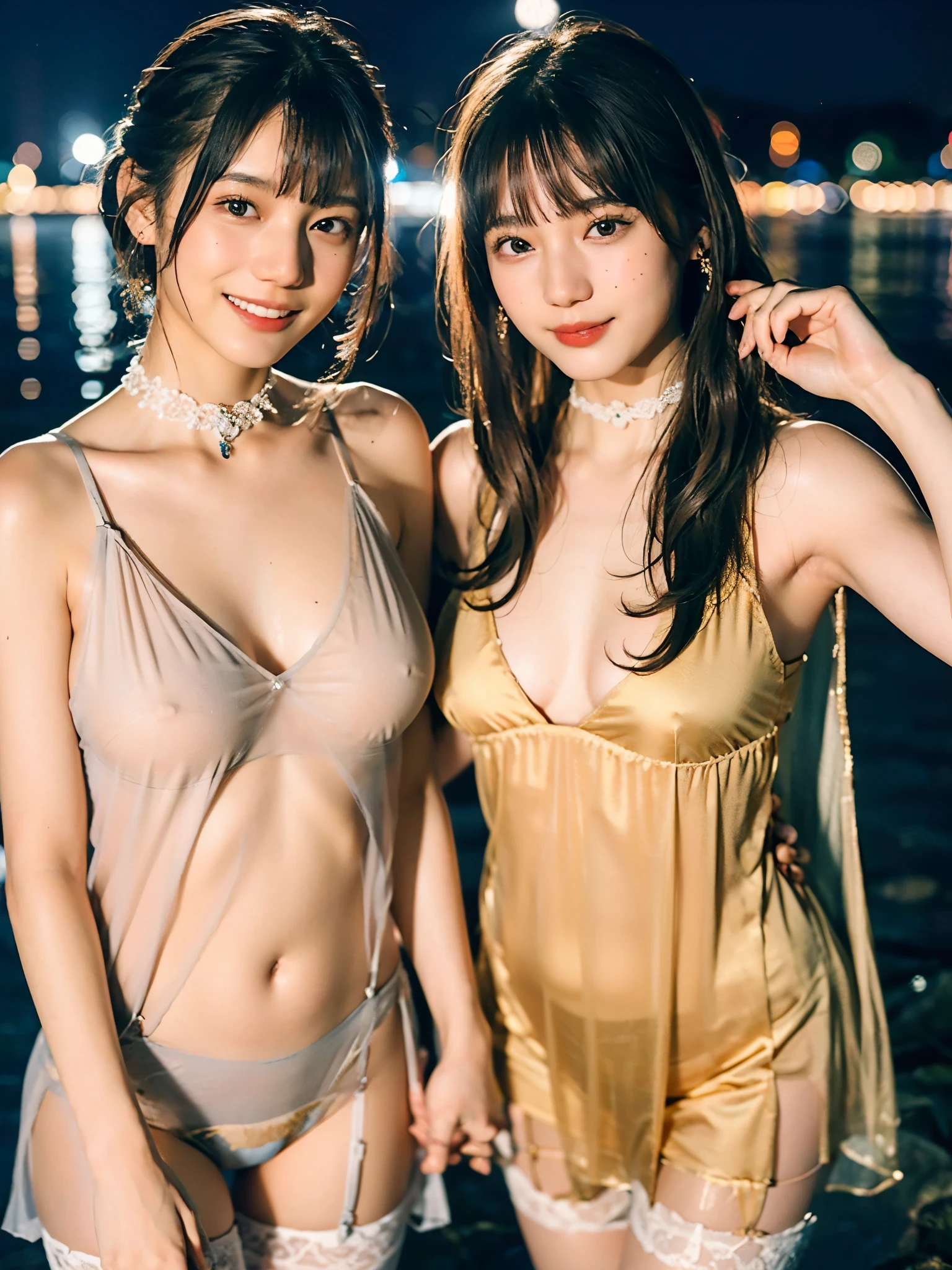 (A close-up photo of two Japanese idols), 18-years-old, (Standing closely), in the lake, (at night), (Both smiling), (Both looking at the camera), best quality, masterpiece, (Wearing sheer transparent negligee and stockings), (((Double eyelids))), (Bangs down), (wearing choker and earrings), ((Big beady eyes)), ((Both topless nudists)), ((Both exposing breasts))