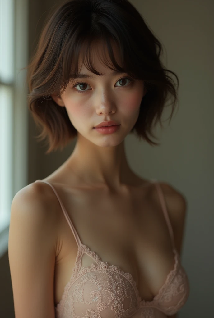 (Highest quality:1.4),(masterpiece:1.4),(Realistic:1.4),(Realistic:1.2),(超High resolution, RAW Photos:1.4),(High resolution, Very detailed:1.2),(8k:1.2),photograph,brown hair photos,Her hairstyle is a short bob with bangs....,One Girl,alone,(In lace underwear),((Upper Body:1.3))