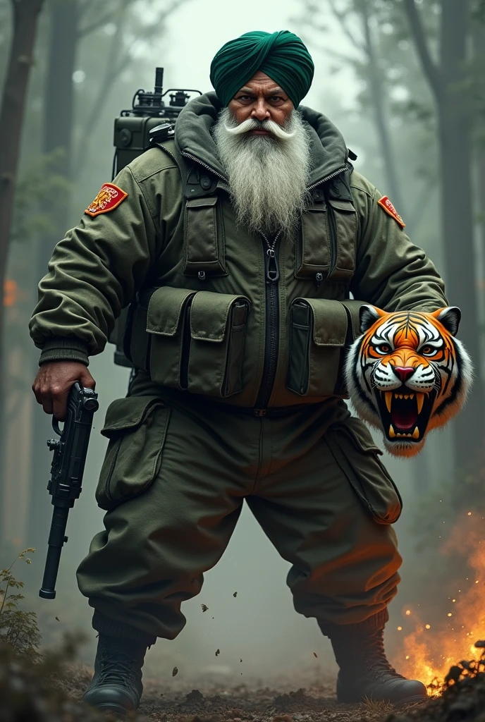 (a dark-skinned fat muscular white bearded sikh old man in a bulky army camouflage zipper diver suit) carrying a gun in right hand, (wearing realistic roaring tiger mask in left hand), dynamic action pose, fierce expression, showcasing an imposing stature, surrounded by military elements, dramatic shadows and intense highlights, cinematic color tones, high detail, powerful, art influenced by Bruce Onobrakpeya and Stanley Artgerm, ultra-detailed, best quality image, action-packed atmosphere. fighting stance