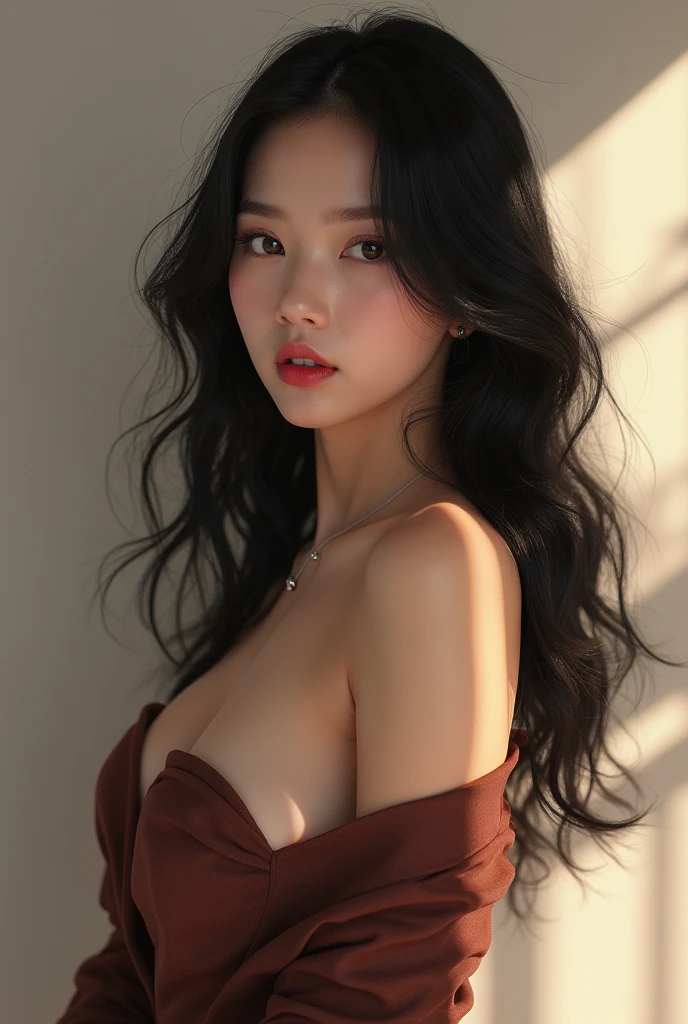 Korean girl, cute, 20 years old, black hair, very long hair, plummpy, naked, sexy pose, looking at viewer