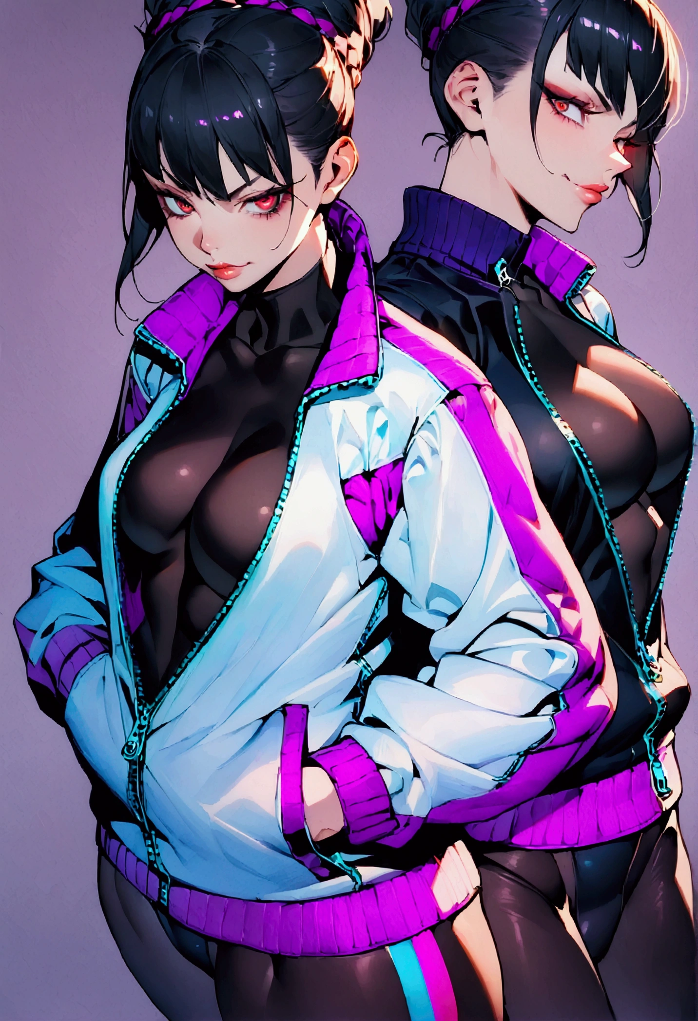 beautiful young fitness woman with , in a gym wearing May with black pantyhose, white and purple fitted gym jacket. standing alone,red eyes glowing,Evil smile,legging preto ,lips,dark eyeshadow,glare eyes,hands in pockets,necklase,half open jacket zipper,Tight black shirt,white sports sneakers,short hair with purple details,beautiful curves,all-body