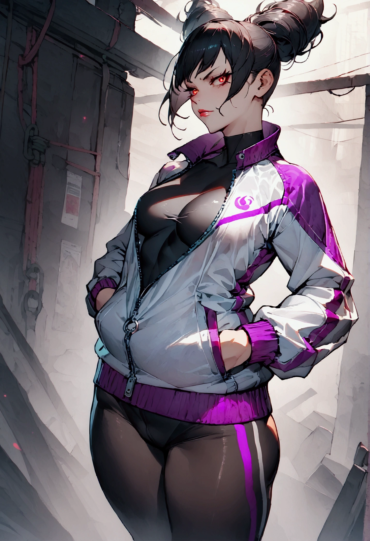 beautiful young fitness woman with , in a gym wearing May with black pantyhose, white and purple fitted gym jacket. standing alone,red eyes glowing,Evil smile,legging preto ,lips,dark eyeshadow,glare eyes,hands in pockets,necklase,half open jacket zipper,Tight black shirt,white sports sneakers,short hair with purple details,beautiful curves,all-body
