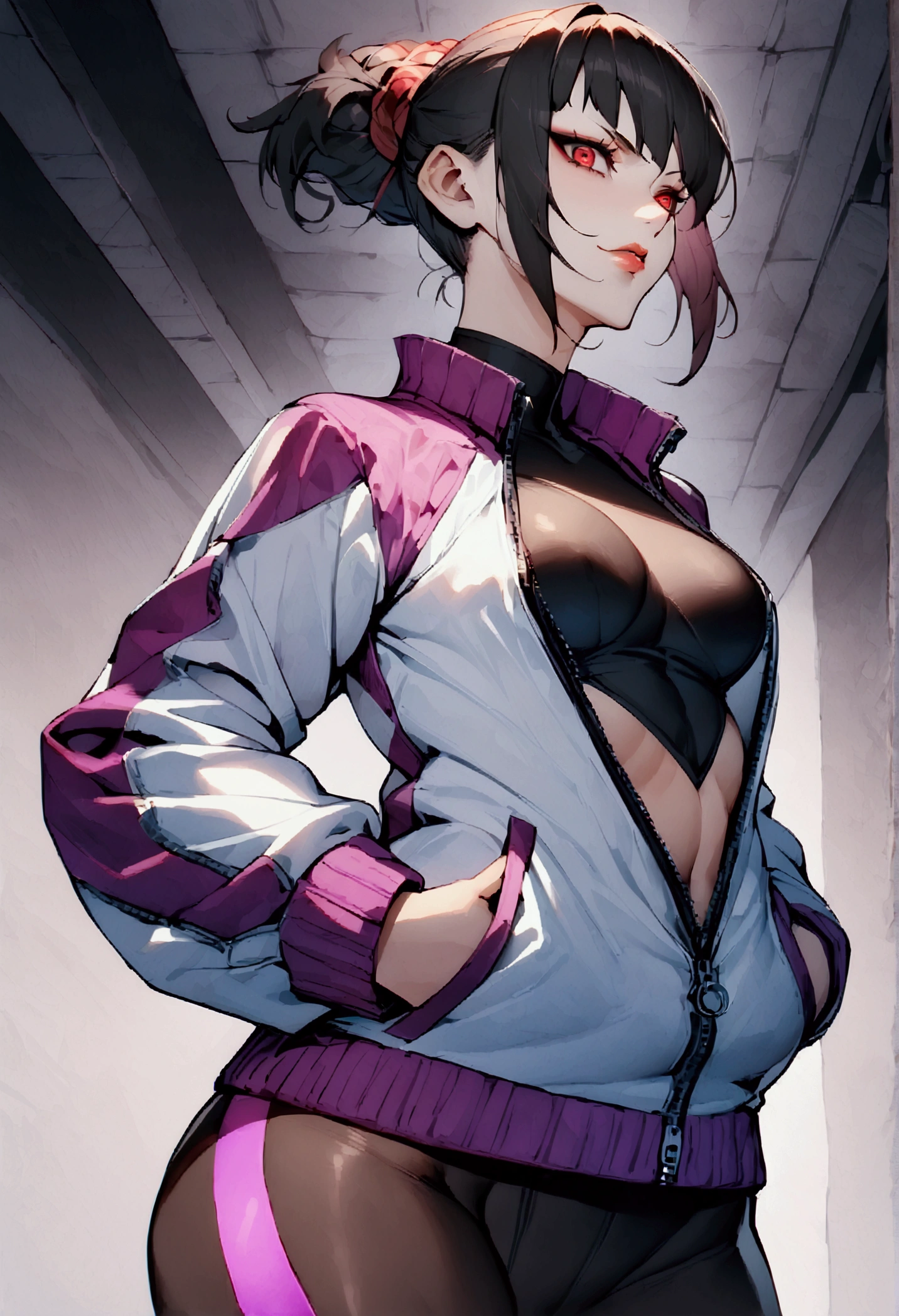 beautiful young fitness woman with , in a gym wearing May with black pantyhose, white and purple fitted gym jacket. standing alone,red eyes glowing,Evil smile,legging preto ,lips,dark eyeshadow,glare eyes,hands in pockets,necklase,half open jacket zipper,Tight black shirt,white sports sneakers,short hair with purple details,beautiful curves,all-body