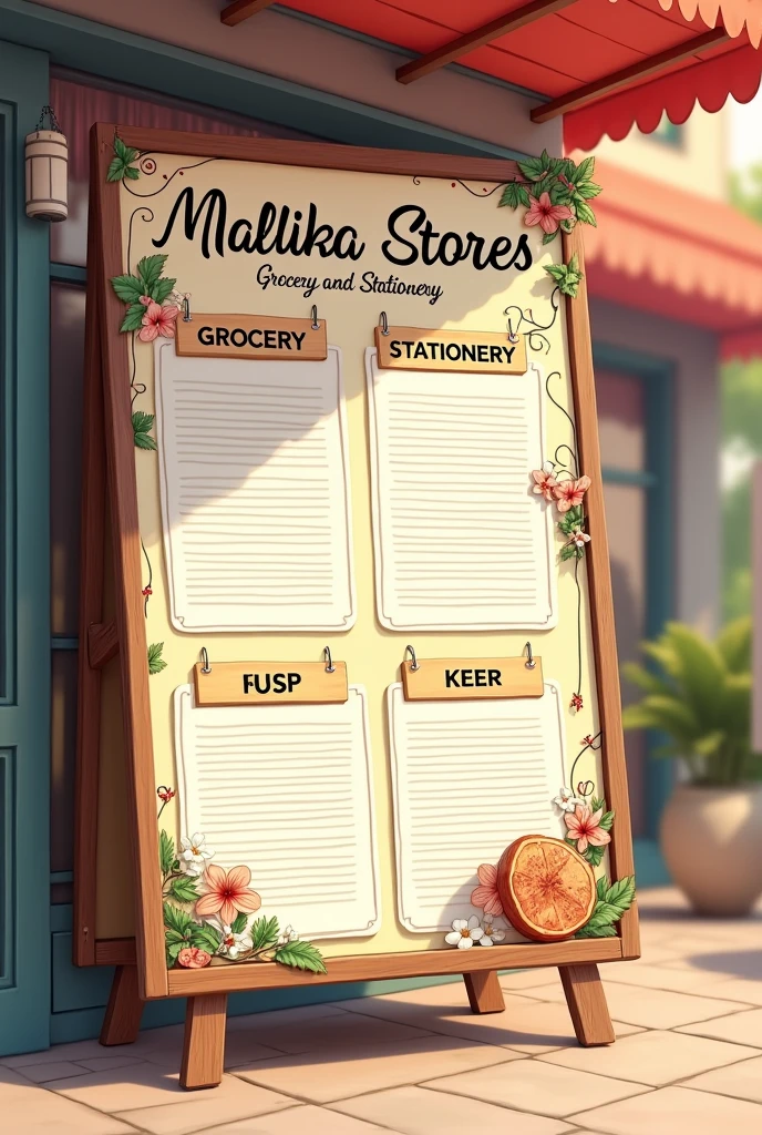 Make a grocerry and stationary board for a store, by putting the name as Mallika Stores and stationary 