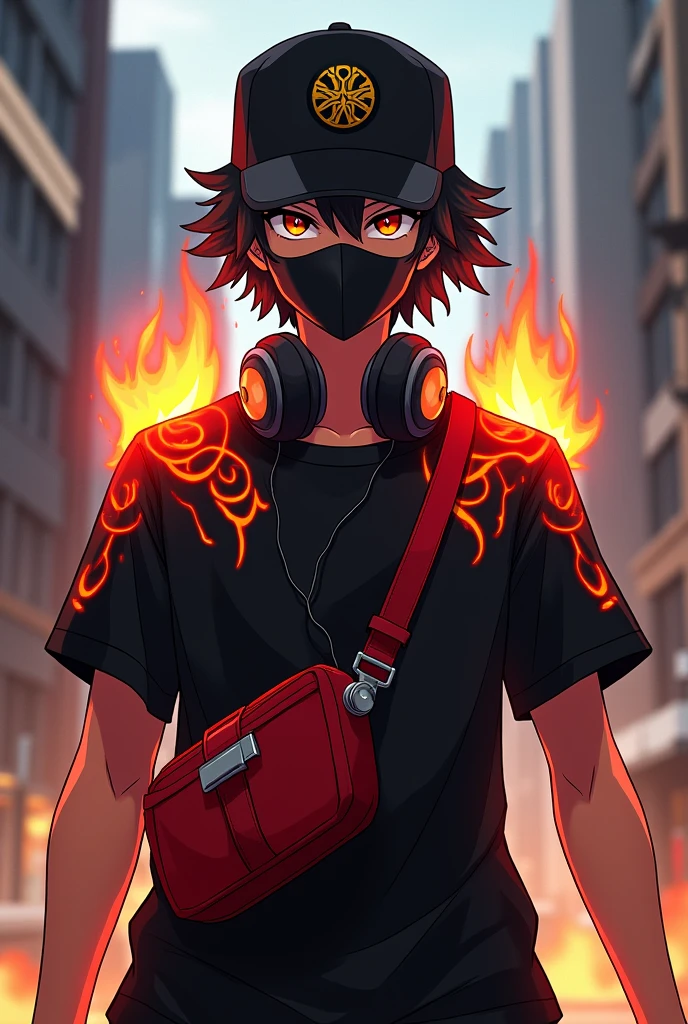 Design an anime-style YouTube thumbnail featuring a dynamic and intense character in an urban setting. The character wears a black cap with a gold emblem, a black face mask, and a black shirt with fiery red and orange designs on the shoulders and chest. They have a red crossbody bag with a silver knife attached, and headphones rest around their neck. Flames burst from the character’s shoulders, creating an eye-catching effect. The background is blurred to emphasize motion in a cityscape, while the character is sharply focused, standing in a powerful, action-oriented pose. Ensure the overall design is striking and vibrant to capture attention quickly.”