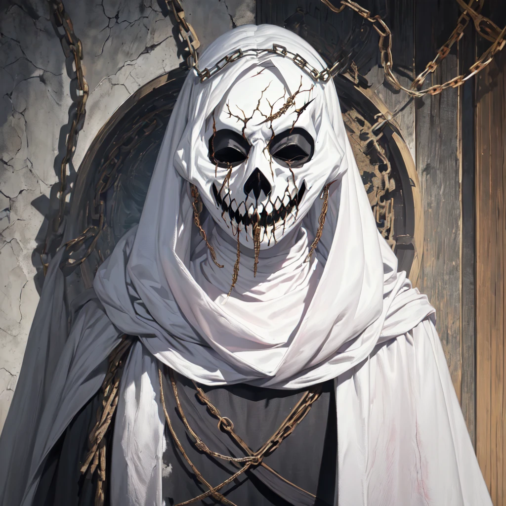 Horror (Topic), ((full_a mask, covered mouth, No Man, closed eyes, chain, scar, Scull, realistic, bald, seams, What)), long hair, White hair, turtleneck, ((upper body)), 