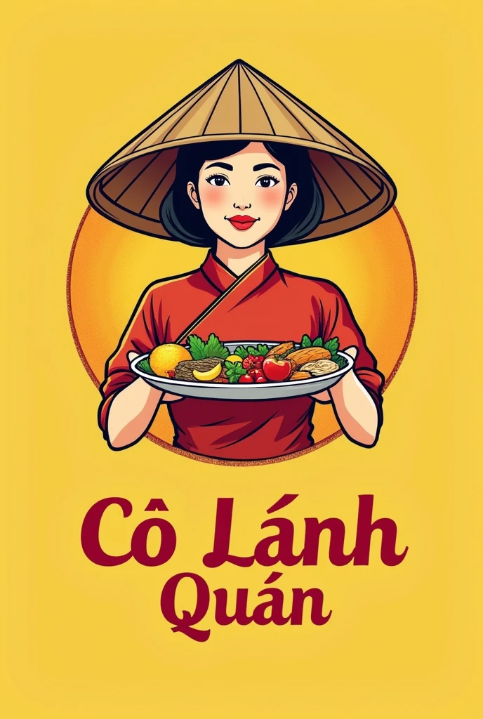 a logo, a vintage-style logo for a catering service named 'Cô Lành Quán' the logo features a middle aged woman in a Vietnamese conical hat holding a disk of vietnamese foods and she pull up to the screen to show what was inside, the color palette is predominantly yellow, and the text is in bold