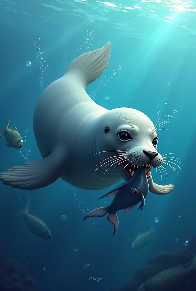 Seal eating meat in the sea
