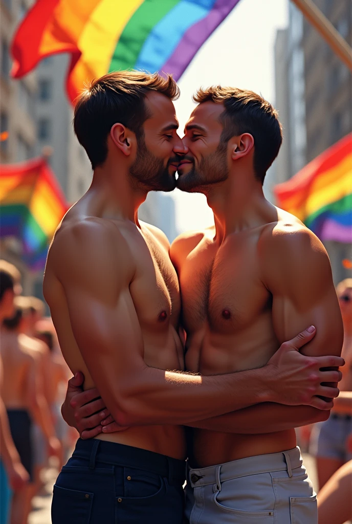 Macron kissing Gabriel Attal with rainbow flags in the background while both are shirtless 