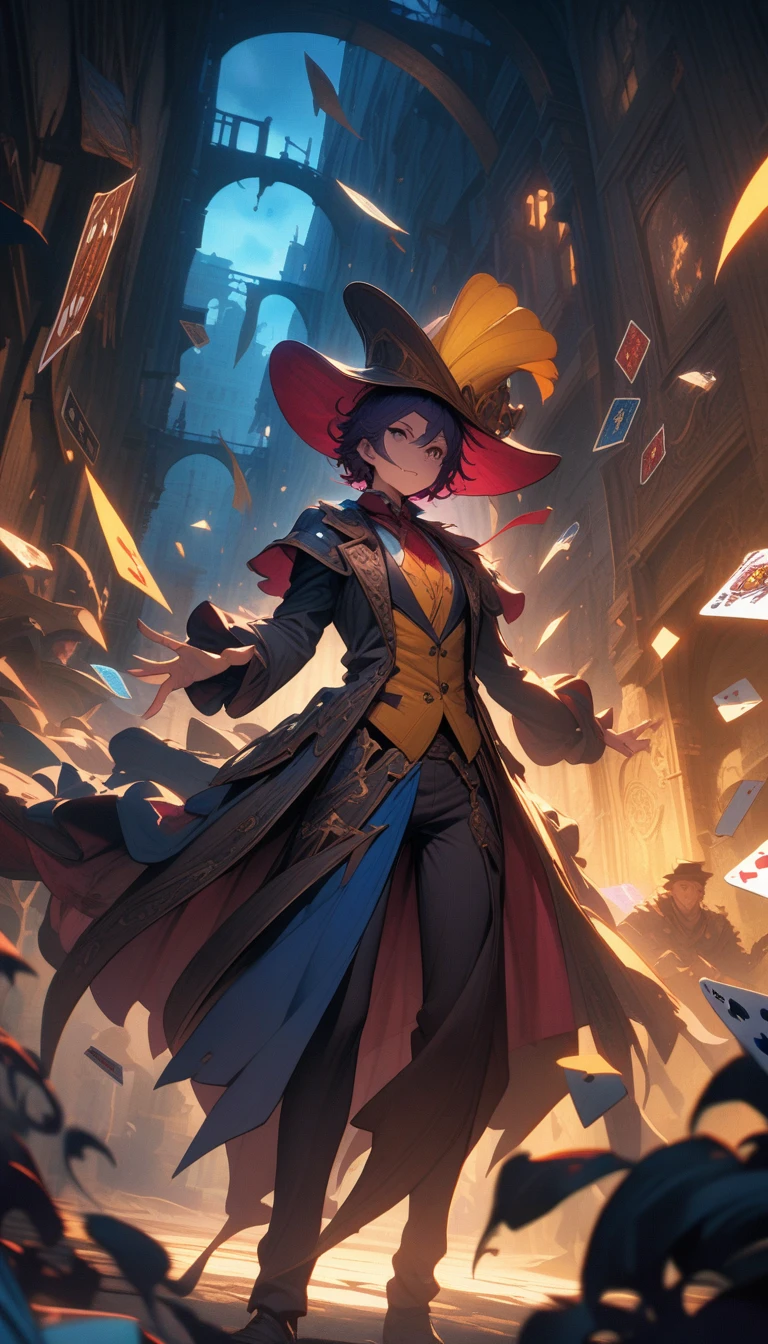 ((best quality)) , ((masterpiece)) , (detailed),League of Legends splash art depicts a Magician in the style of Akihiko Yoshida playing cards in an alleyway at night. He wears a magician's hat on his head against a backdrop of a fantasy background with cinematic lighting. A dynamic camera angle shows the magician surrounded by a dark red, purple, blue and yellow color palette. Card design elements fly around him, colorful and dramatic.