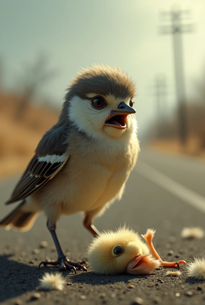 A bird is crying after seeing her dead baby on the road.