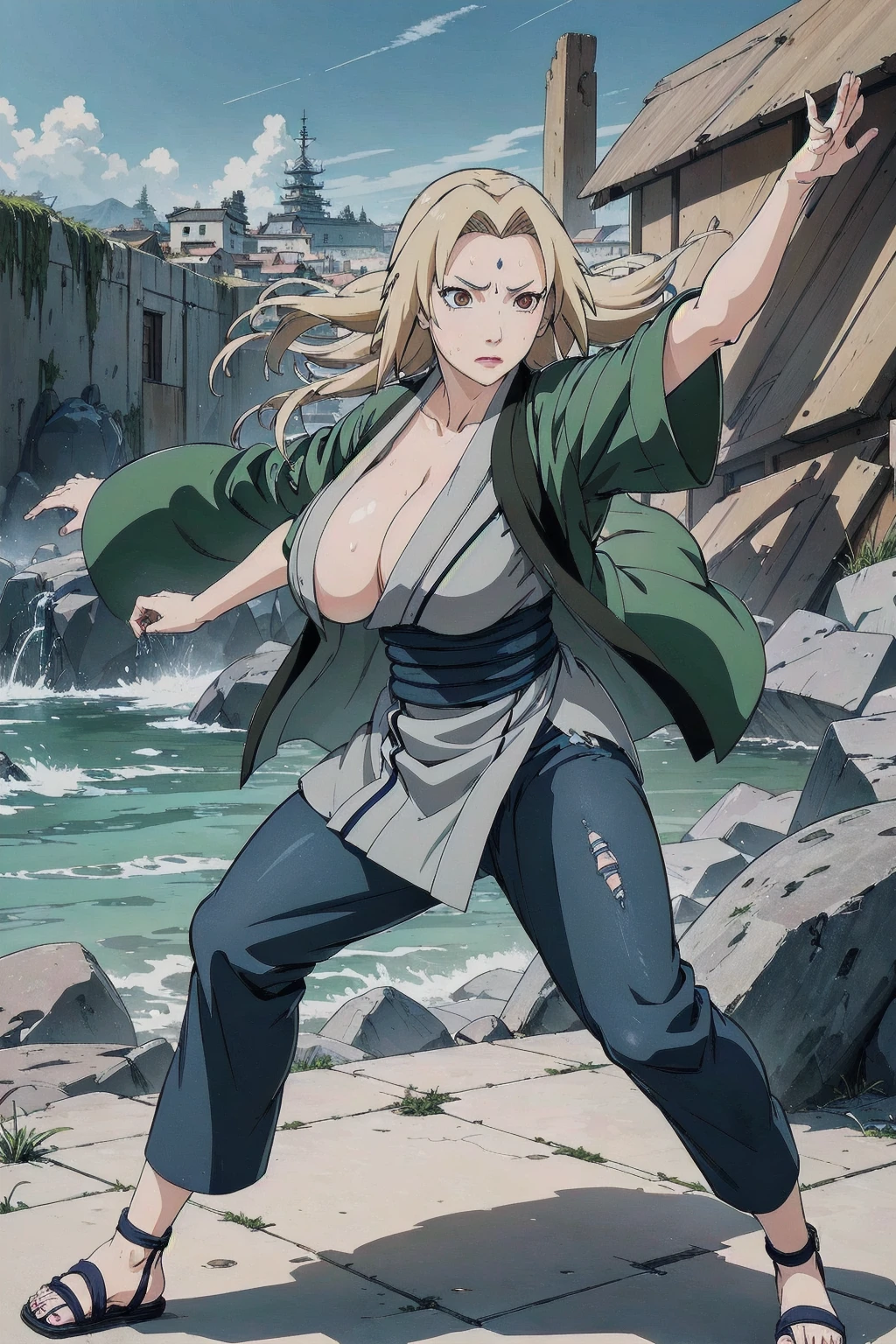 (masterpiece, highest quality:1.2), alone, One Girl, Tsunade Defense, Forehead mark, View your audience、((Battle Scenes、Fighting Pose、Sweat、Rocky area、wood、Clear sky、Ruined City、Spectators、Navy blue pants、Green haori、No sleeve、Torn clothes、Large areola、chest))、Beautiful girl with beautiful details, Professional photography illumination, Highly detailed eyes and face, Beautiful eyes in every detail、Beautiful detailed hair, Beautiful and exquisite cold face、アニメ、((No sleeve、Armpit))