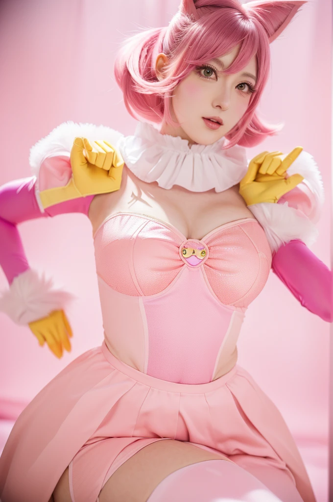 araffe dressed in a pink and yellow outfit posing for a picture, juri misaki, anime girl cosplay, juri han from street fighter, glamourous cosplay, anime cosplay, seraphine ahri kda, cosplay, ahri from league of legends, posing as a jojo character, y 2 k cutecore clowncore, ayaka cosplay