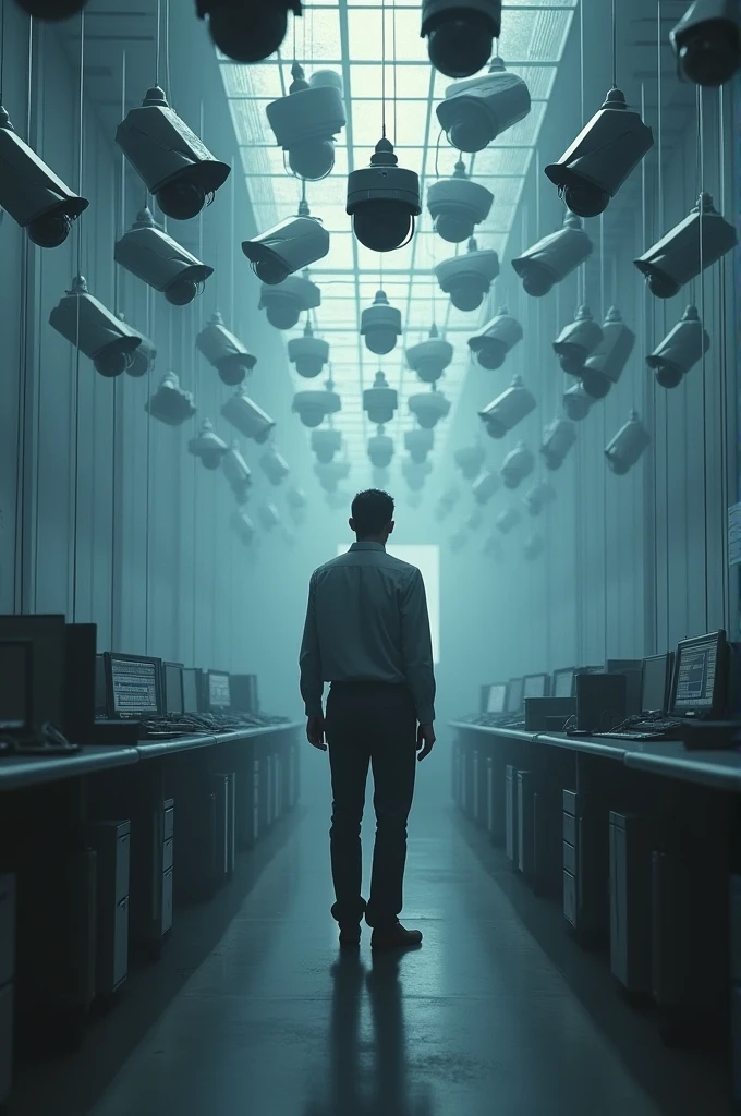 Man being watched by 100 cameras while working