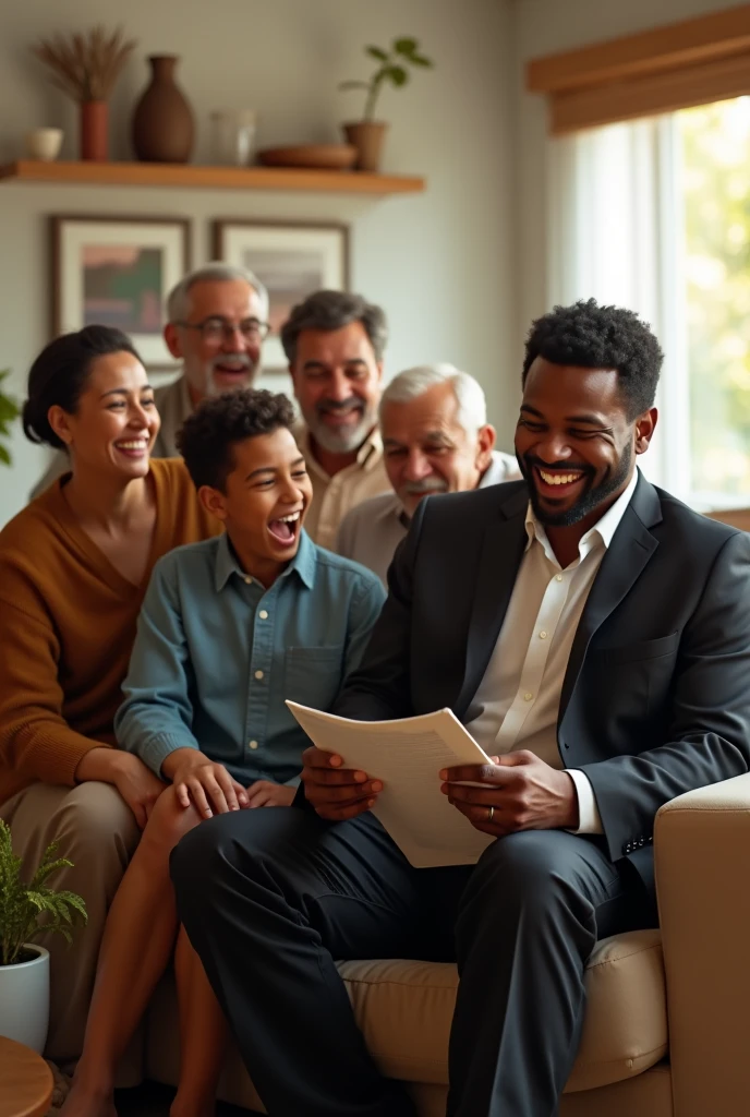 A photorealistic scene depicting a moment of triumph and family togetherness. A young African legal professional, in a black suit, radiates joy as he shares the news of passing the Bar exam with his family. The family members, Africandressed casually and spanning various ages, including aging parents, mother and father, as well as three younger siblings, are engaged in different activities—some looking at the news, others reacting with smiles. The setting is a bright, modern living room that exudes warmth and comfort, emphasizing the safety and coziness of home. The scene captures the celebration without physical hugs, focusing on the shared excitement and support.