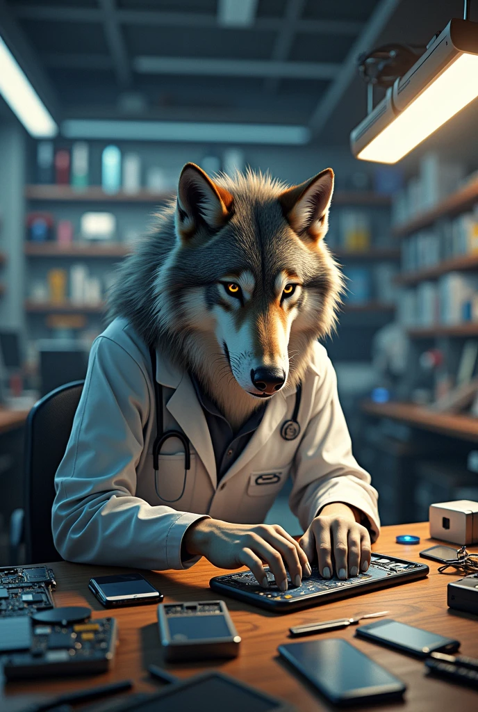 Wolf technician in cell phone repair