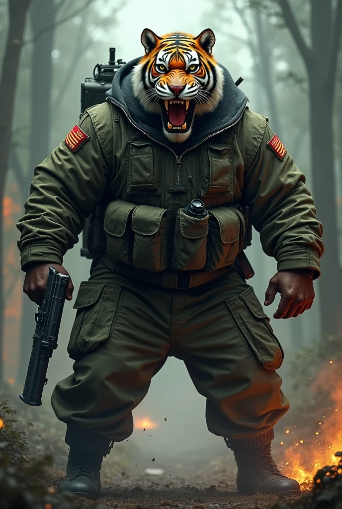 (a dark-skinned fat muscular old man in a bulky army camouflage zipper diver suit) carrying a gun in right hand, (wearing realistic roaring tiger mask), dynamic action pose, fierce expression, showcasing an imposing stature, surrounded by military elements, dramatic shadows and intense highlights, cinematic color tones, high detail, powerful, art influenced by Bruce Onobrakpeya and Stanley Artgerm, ultra-detailed, best quality image, action-packed atmosphere. fighting stance