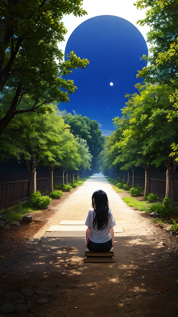 8k octane, Night view、Night Park、bench、sit、girl,1 person、Looking up at the full moon、Surrounding trees々is enveloped in pale moonlight、Moonlight filtering through the leaves。benchの少し遠くに街灯が灯っていて、Emphasizes a calm and quiet evening atmosphere。 1 personのgirl, Long Hair, Back view, Wide-angle shot,Black Hair,