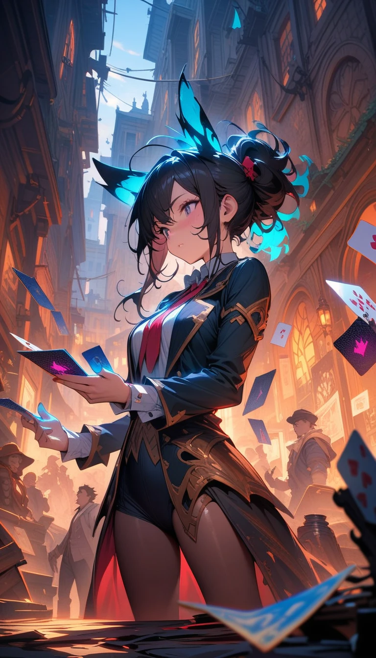 ((best quality)) , ((masterpiece)) , (detailed),In the style of League of Legends splash art, a young magician in an alley is playing cards with colorful glowing cards.