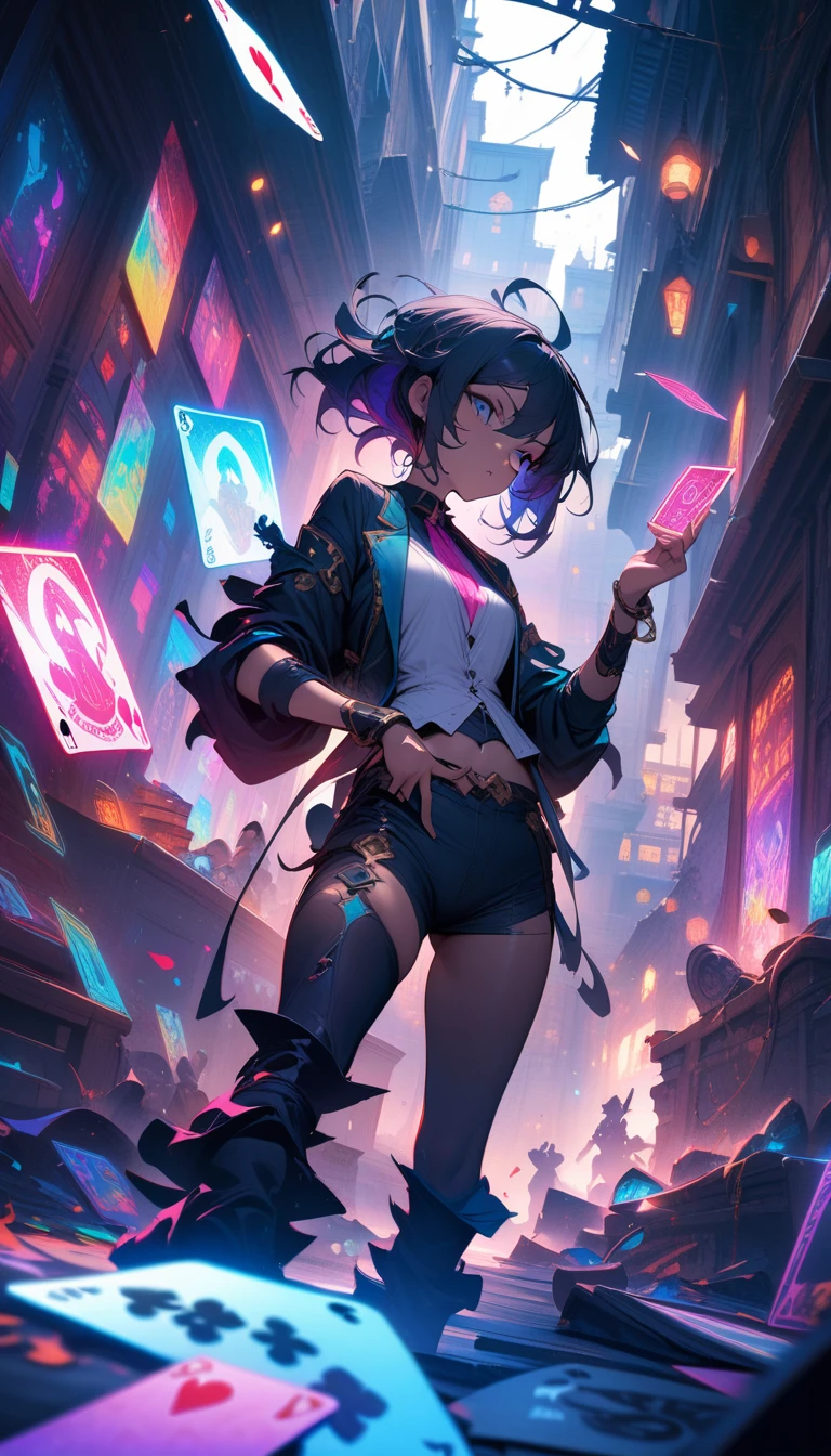 ((best quality)) , ((masterpiece)) , (detailed),In the style of League of Legends splash art, a young magician in an alley is playing cards with colorful glowing cards.