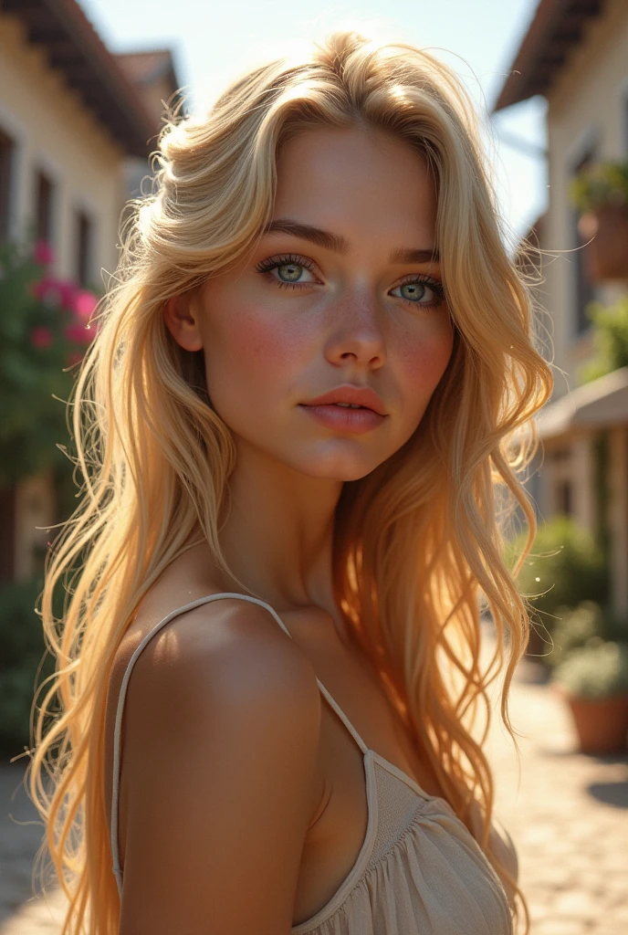 beautiful girl with blond hair in town