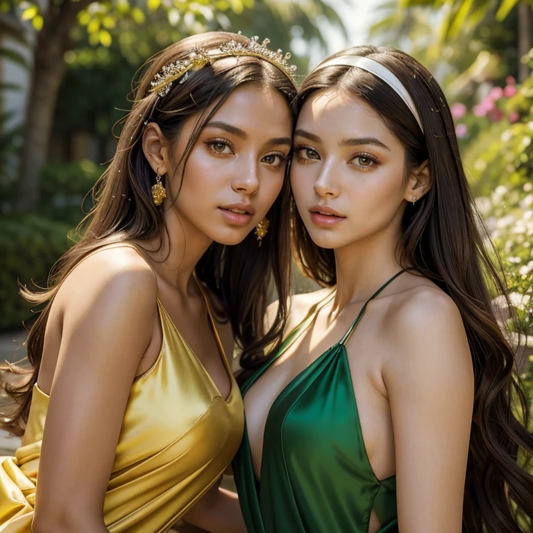 (masterpiece, best quality:1.5), highest quality, High resolution, super detailed, Realists, Full body photo of South American woman, brown skin ,long open straight hair, detailed and beautiful eyes, beautiful detailed lips, very detailed eyes and face, longeyelashes, Woman in green, red and yellow short airy dress made of shiny satin fabric, Beautiful and colorful makeup, elegant and noble々Pose, Satin headbands and jewelry, Gardens as background, soft daylight, bright colors, fine brushstrokes, Portrait style, Plain dress fabric, beautiful color palette, glowing skin, First-class rendering, that captures every detail, enchanting atmosphere, subtle shadows and lights, (perfect anatomy:1.2), (Two stunning women with their mouths open, Surprised look.