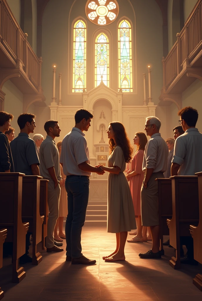 Create an image of a group of friends gathered in church