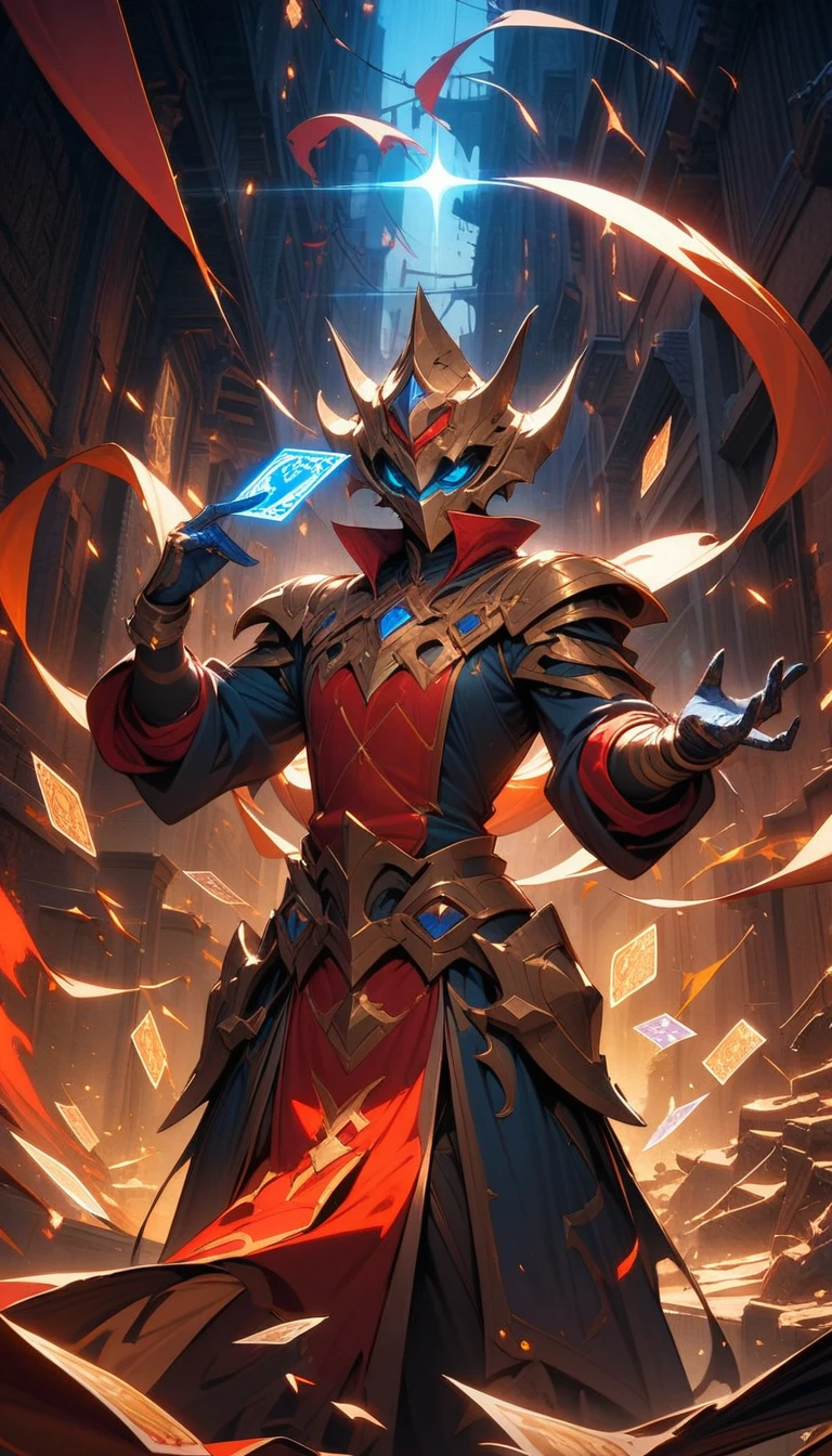((best quality)) , ((masterpiece)) , (detailed),League of Legends splash art depicting the card master Zed, holding playing cards, in a dark alleyway background, with a gold and red color scheme, and yellow and blue colored magical light beams floating around him, as cards fly everywhere in the style of the artist.