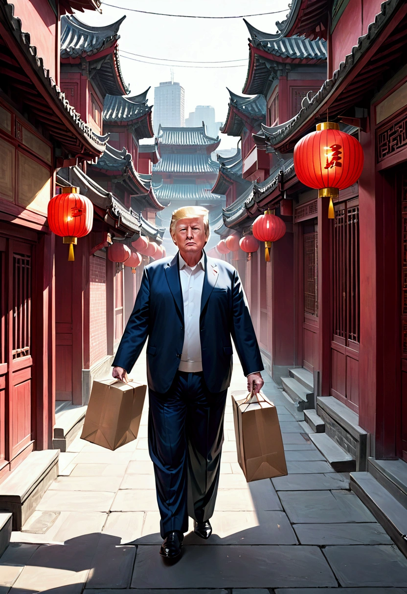U.S. President Donald Trump, In Beijing hutongs，Food delivery，Home delivery delivery，Courier，full-body shot，Extremely detailed face,, Perfect lighting, Nostalgia, ISO100, cinestill 800T, polarizing filter, Bright and bold colors, High-quality photos, Still frame from a movie