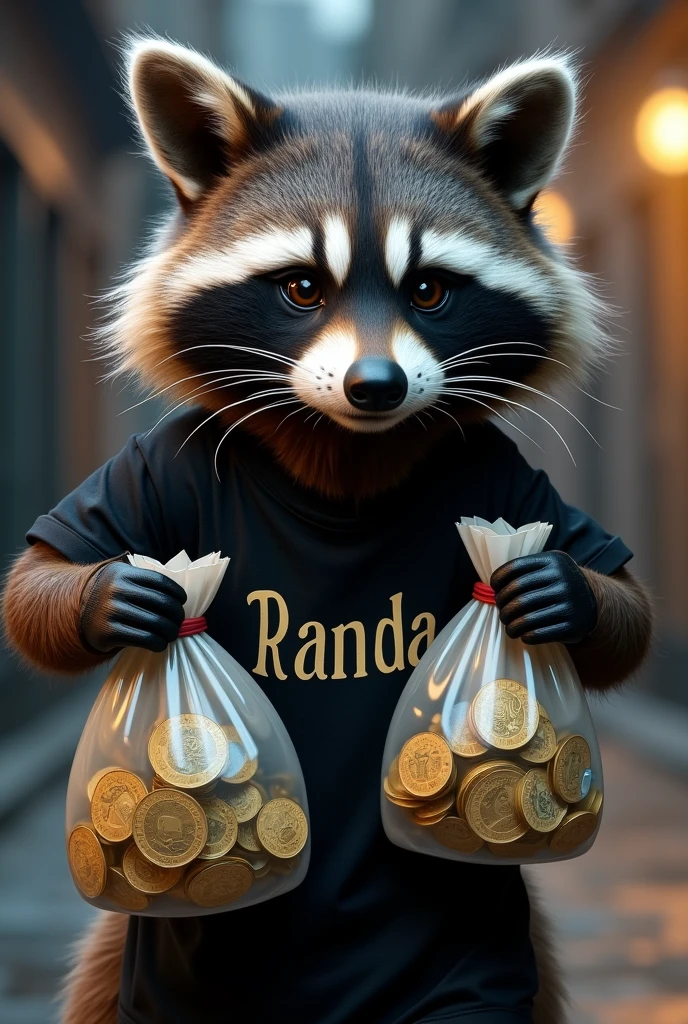 a racoon with 2 bags of euro cash and black clotches the t shirt writing randa i want the cash to down and i can see the cash inside