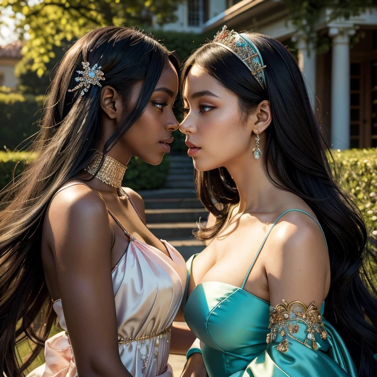 (masterpiece, best quality:1.5), highest quality, High resolution, super detailed, Realists, Full body photo of black woman, dark black skin, long open straight hair, detailed and beautiful eyes, beautiful detailed lips, very detailed eyes and face, longeyelashes, Woman in turquoise and pink ball gown made of shiny satin fabric, Beautiful and colorful makeup, elegant and noble々Pose, Satin headbands and jewelry, Gardens as background, soft daylight, bright colors, fine brushstrokes, Portrait style, Plain dress fabric, beautiful color palette, glowing skin, First-class rendering, that captures every detail, enchanting atmosphere, subtle shadows and lights, (perfect anatomy:1.2), (Two stunning women with their mouths open, Surprised look.