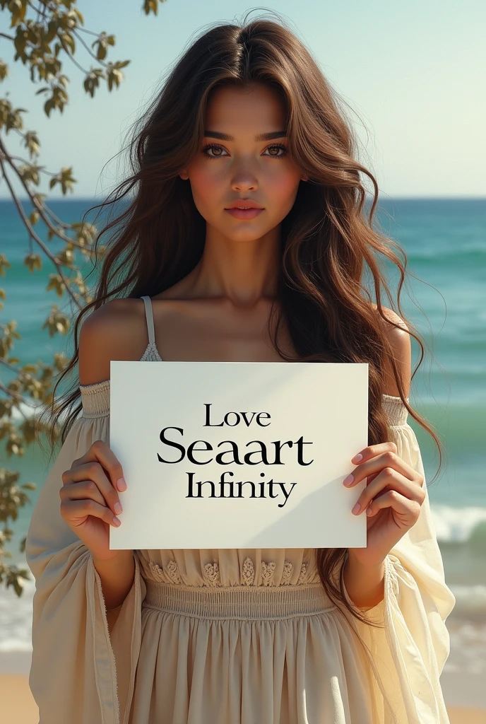 Beautiful girl with wavy long hair, bohemian dress, holding a white board with text "I Love Seaart Infinity" and showing it to the viewer