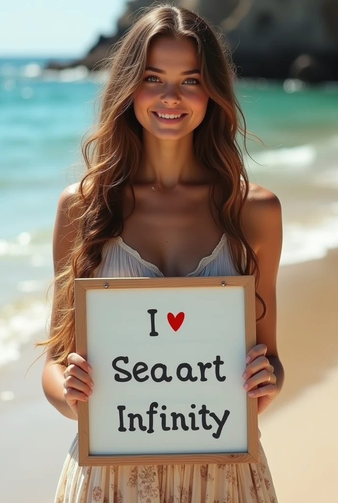 Beautiful girl with wavy long hair, bohemian dress, holding a white board with text "I Love Seaart Infinity" and showing it to the viewer