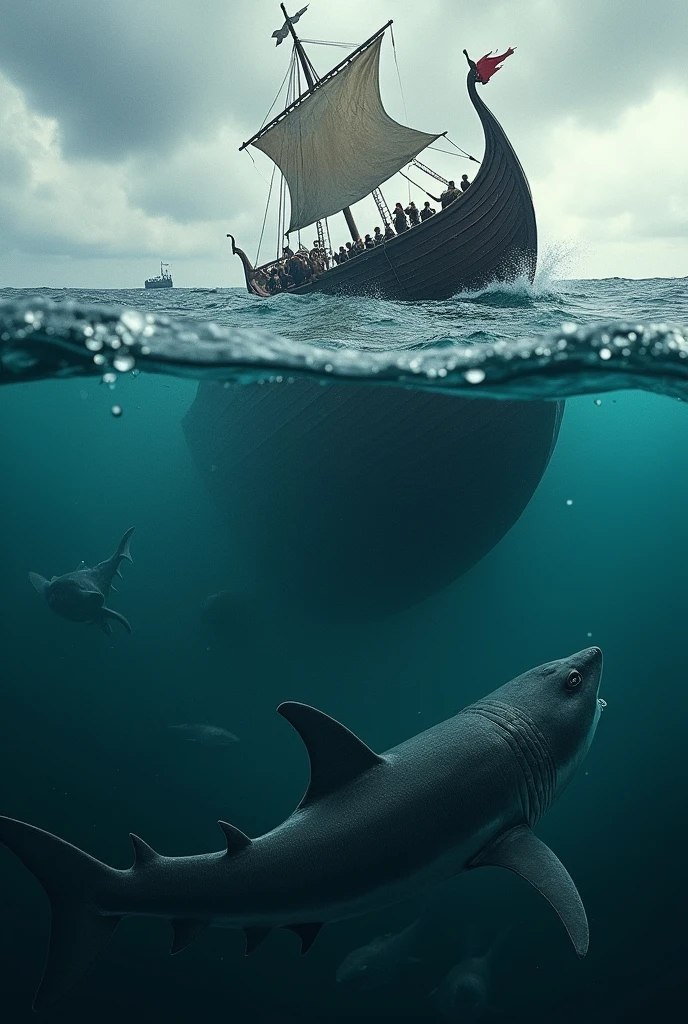 An image where there is a Viking ship sinking and sharks in the water eating the Vikings