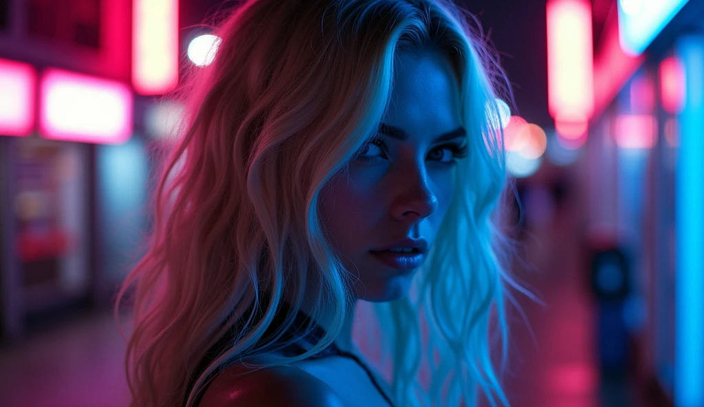 ((best quality)), ((​masterpiece)), (detailed), ((background Cyber)), wet look, ((blond long Hair)), ((Intricate detailing, in the night time, Contre-Jour, random neon color, View from afar, random pose, blue latex bodysuit, face focus, hell picture, light face, big boobs)), (face brightly lit)