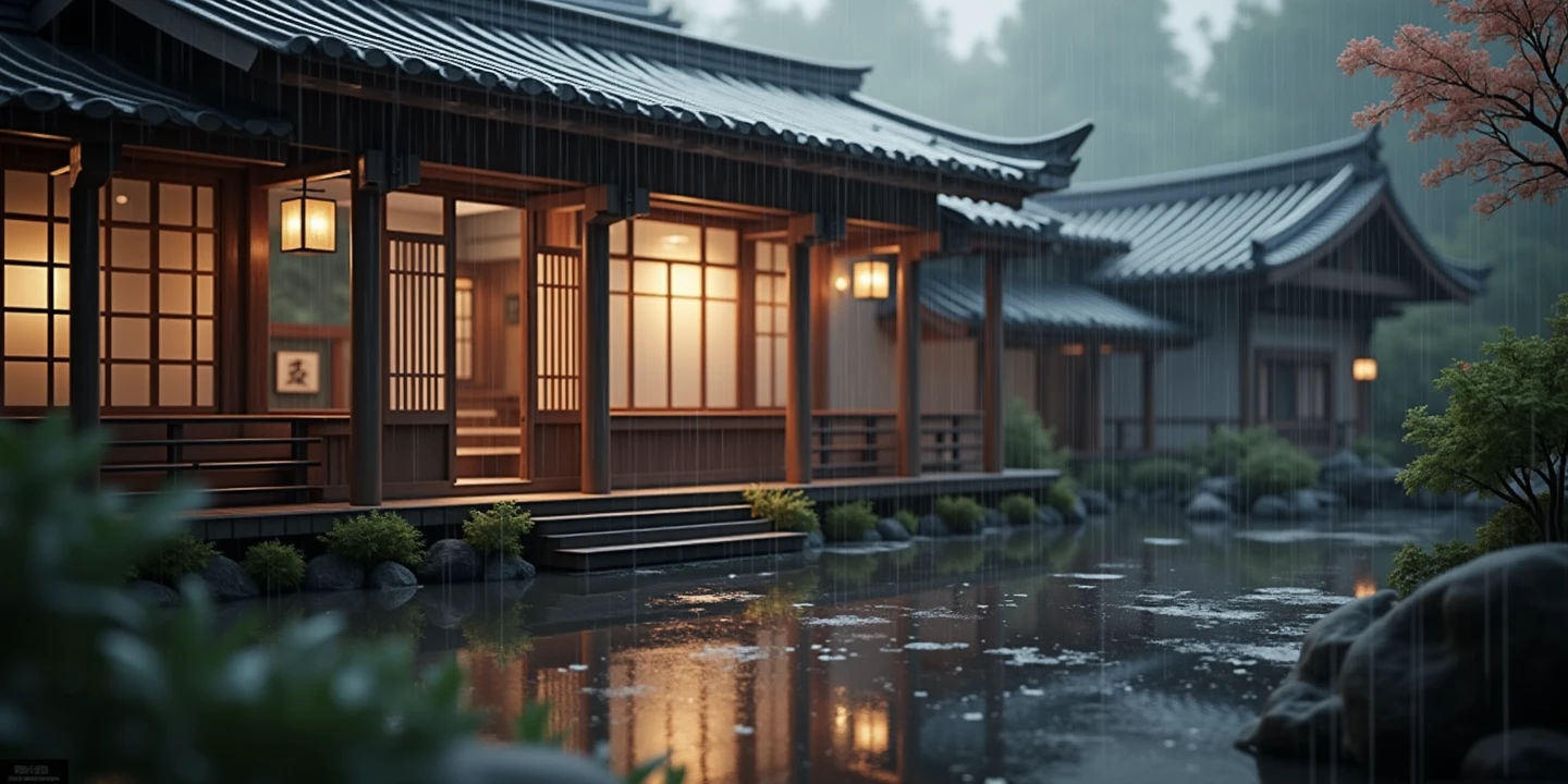 a picture of a house in the rain, a digital rendering, by Kanō Tan'yū, cgsociety contest winner, zen temple background, ray tracing reflection, oriental wallpaper, realistic 3 d style