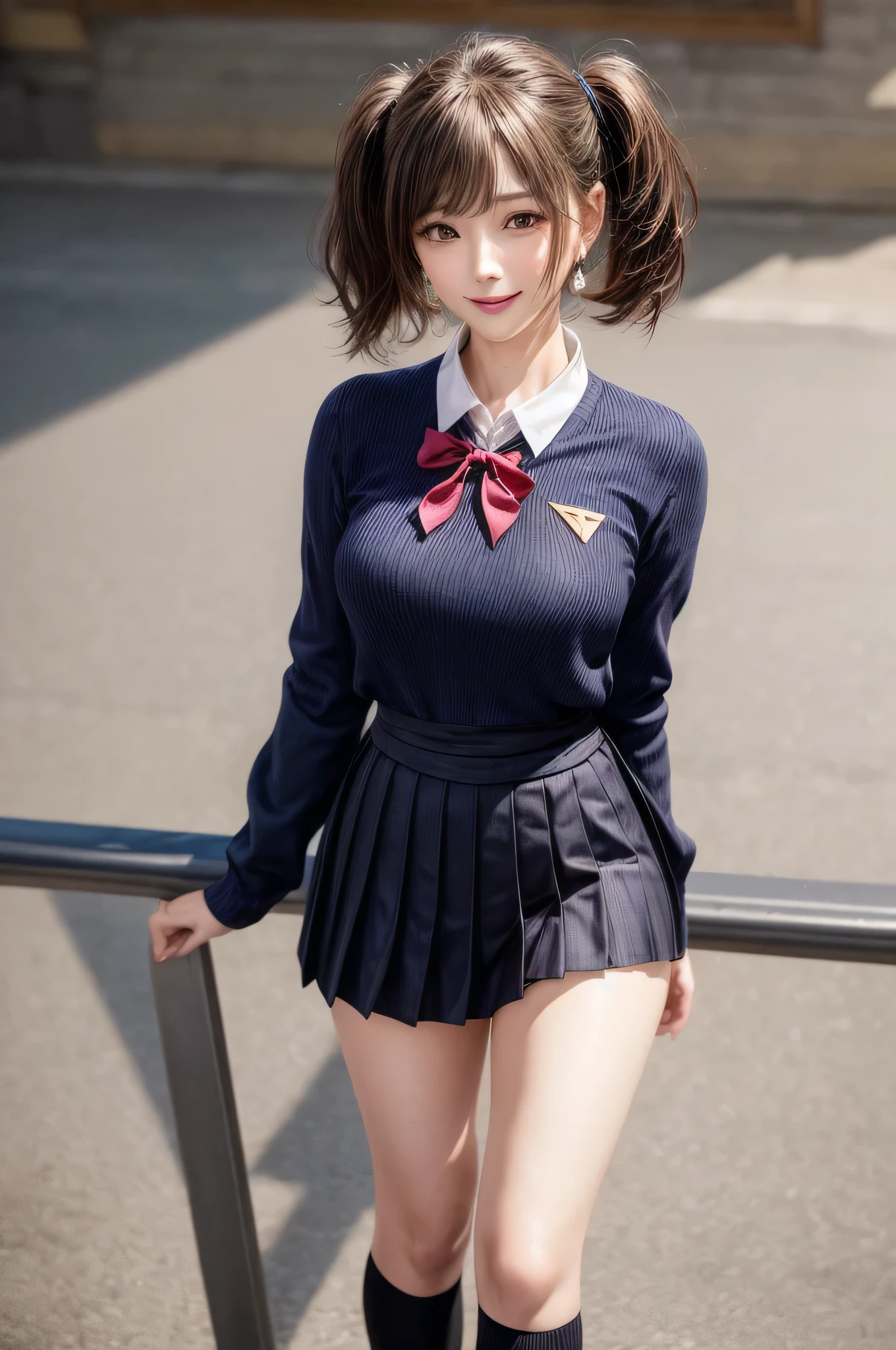 Kujikawa Def,Twin tails,school uniform,Seraph of the Black,Long sleeve,skirt,Knee socks,jewelry,Earrings,Are standing,
Highest quality, Very detailed, masterpiece, Absurd,8k,   photoRealistic, Realistic,Detailed skin texture,Detailed pupil,High resolution,Natural light,
One girl,alone,(Happy:1.1),(smile:1.2),short hair,Brown Hair,(Angular face:1.2),Shining Face,Large Breasts, Tight waist, Lip Makeup,Wet shirt