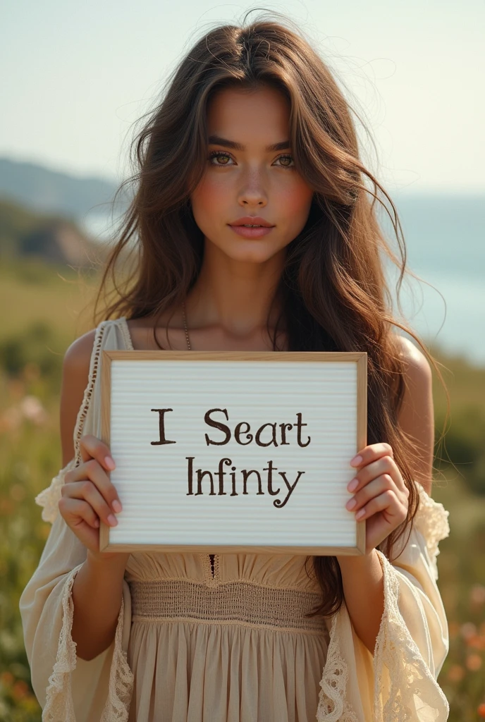 Beautiful girl with wavy long hair, bohemian dress, holding a white board with text "I Love Seaart Infinity" and showing it to the viewer