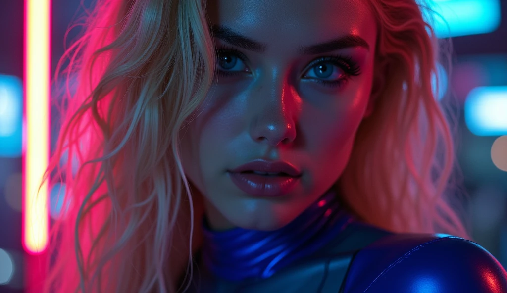 ((best quality)), ((masterpiece)), (detailed), ((background Cyber)), wet look, ((blond long Hair)), ((Intricate detailing, in the night time, Contre-Jour, random neon color, View from afar, random pose, blue latex bodysuit, face focus, hell picture, light face, big boobs)), (face brightly lit), full body