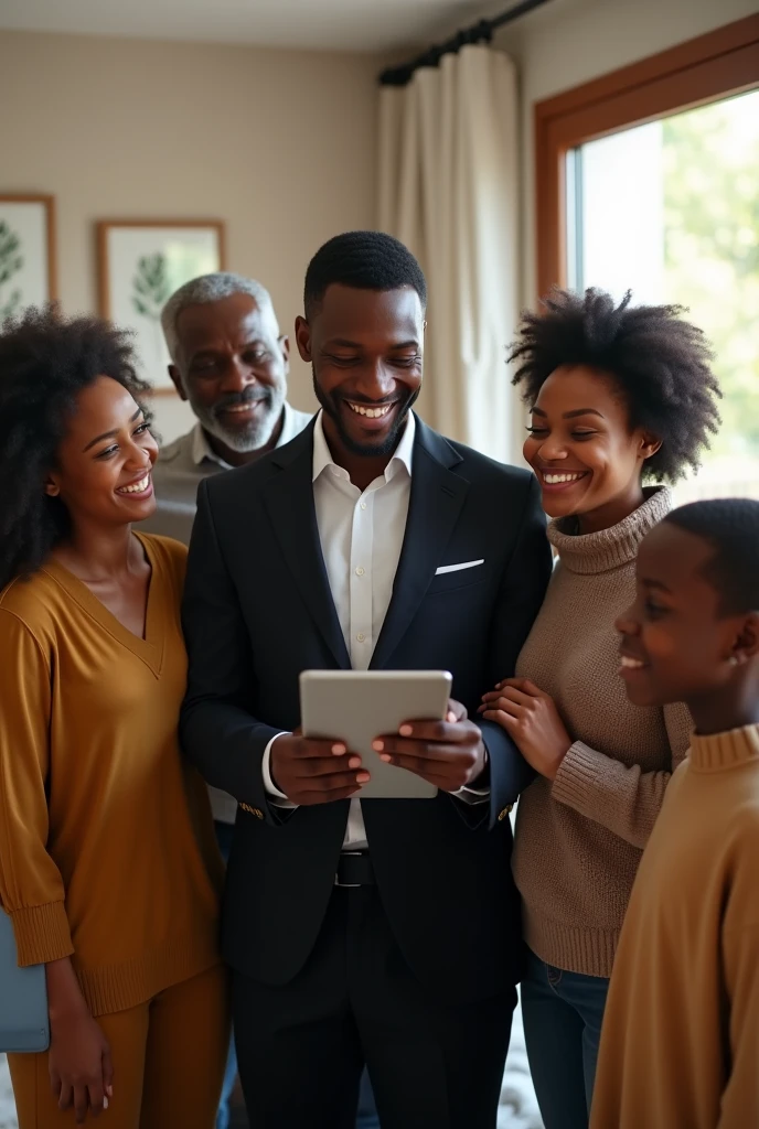 A photorealistic scene depicting a moment of triumph and family togetherness. A young African legal professional, in a black suit, radiates joy as he shares the news of passing the Bar exam with his family. He is holding an iPad. The family members, also African, are dressed casually and spanning various ages, including aging parents, mother and father, as well as three younger siblings, are engaged in different activities—some looking at the news, others reacting with smiles. The setting is a bright, modern living room that exudes warmth and comfort, emphasizing the safety and coziness of home. The scene captures the celebration without physical hugs, focusing on the shared excitement and support.