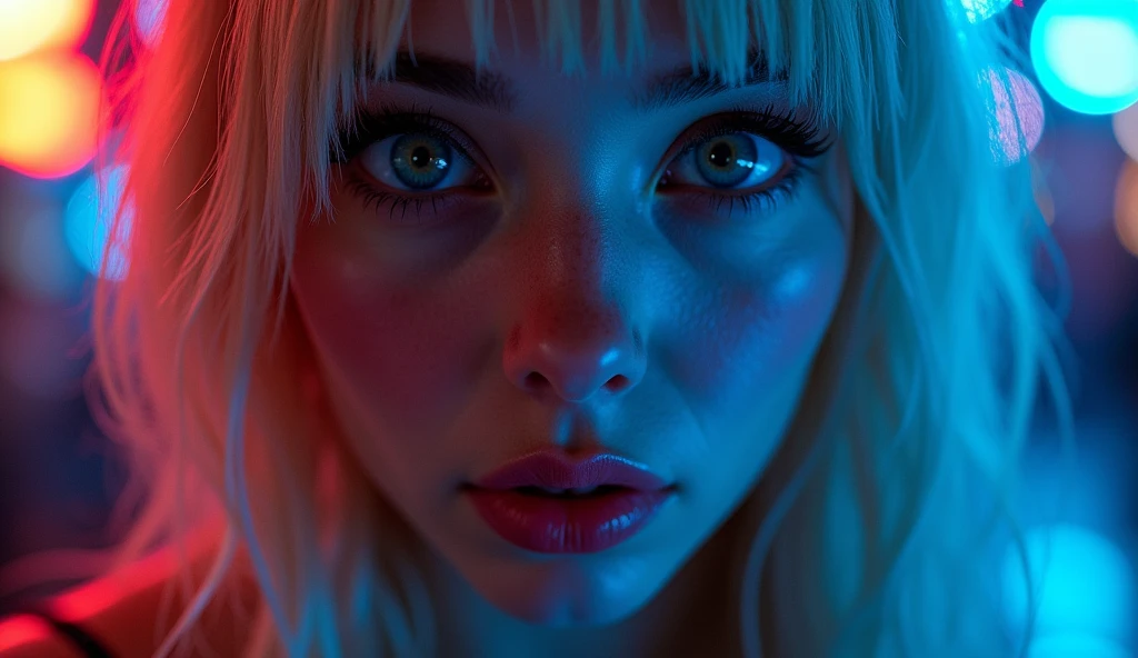 ((best quality)), ((masterpiece)), (detailed), ((background Cyber)), wet look, ((blond long Hair)), ((Intricate detailing, in the night time, Contre-Jour, random neon color, View from afar, random pose, blue latex bodysuit, face focus, hell picture, light face, big boobs)), (face brightly lit)