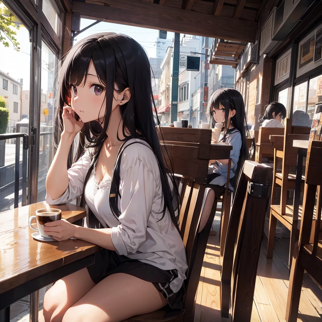 Black hair long hair woman、Cafe、coffee、relax、headphone
