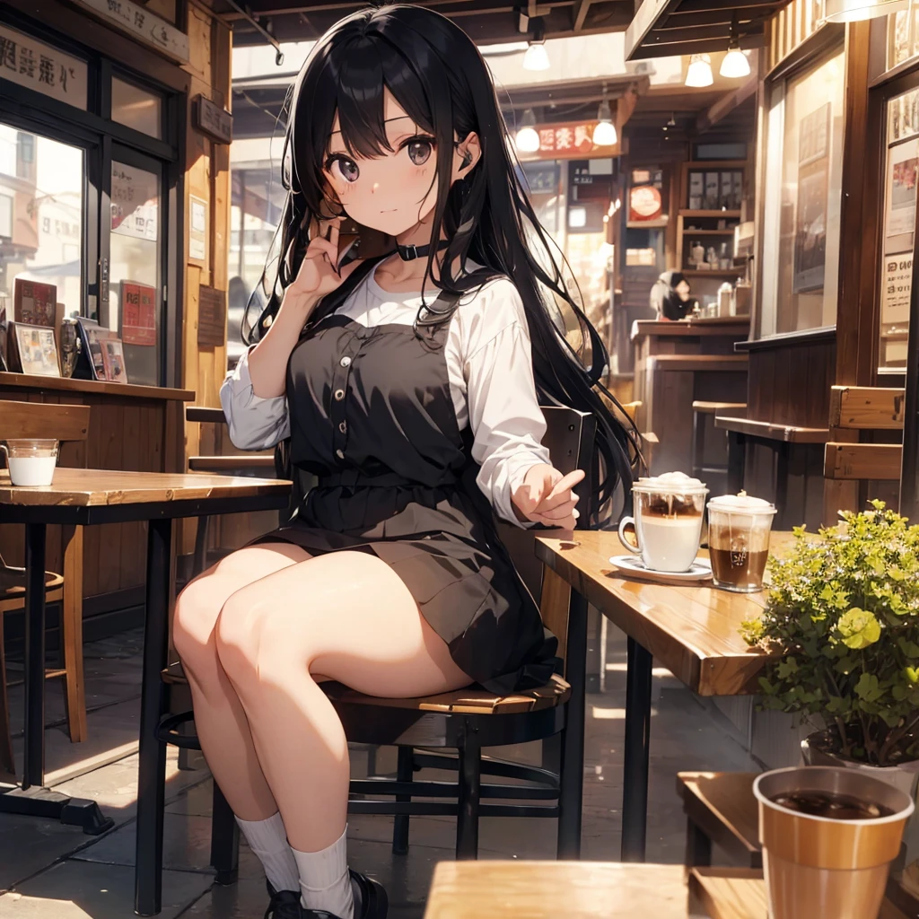 Black hair long hair woman、Cafe、coffee、relax、headphone

