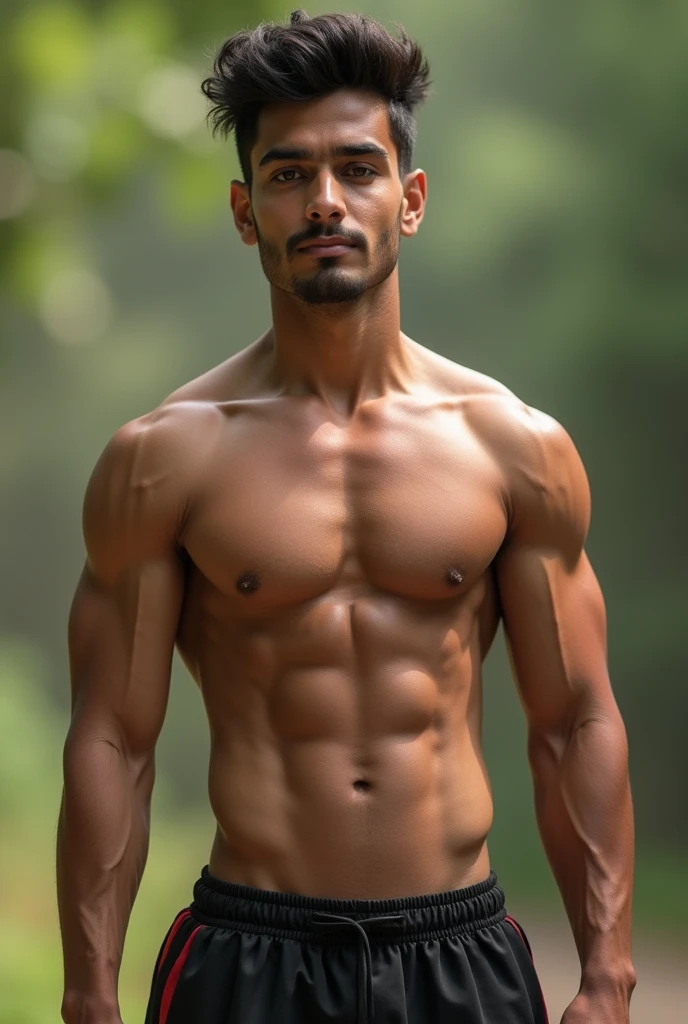 Make a Indian with shredded physique made in 1.5 years after being fat it should look natural and masculine.. make abs a bit invisible and traps, shoulder and forearm should look bigger