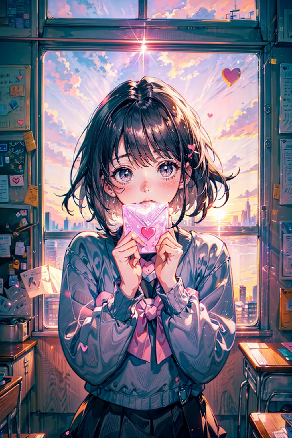 1girl,solo,cute,black hair,,she give a letter,both hands,perfect fingers,love letter,perfect letter,heart,pink,in classroom,around desk,after school,evening,sunset