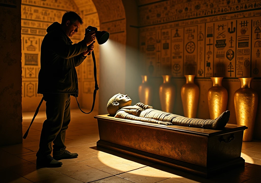 A captivating cinematic scene of Howard Carter, the esteemed archaeologist, opening King Tutankhamun's tomb in ancient Egypt. With a flashlight in hand, Carter illuminates the chamber, revealing inside the sarcophagus a bandaged, full-body mummified mummy, gold sarcophagus lid left beside the mummy is wearing Tutankhamun's death mask. A professional photographer takes photos, around the sarcophagus, intricate hieroglyphics and symbols of ancient Egypt line the walls, while luxurious golden vases adorned with Egyptian symbols fill the background. The atmosphere combines adventure and mystery, with soft lights piercing the darkness and highlighting the beauty and meaning of discovery.
