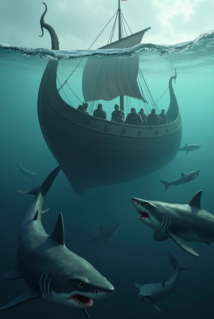 An image where there is a Viking ship sinking and sharks in the water eating the Vikings, let the sharks kill the vickingos