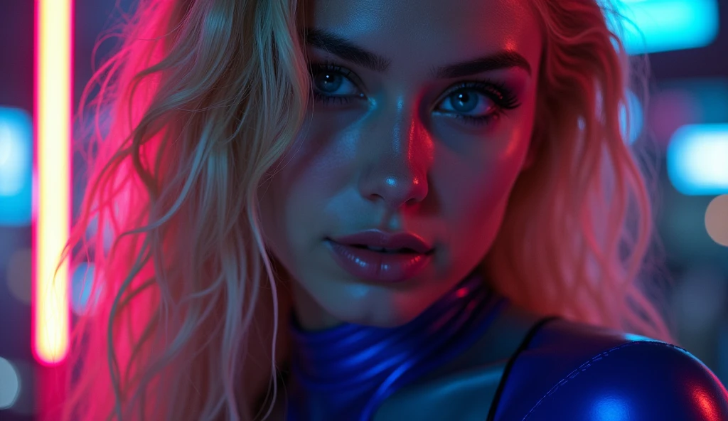 ((best quality)), ((​masterpiece)), (detailed), ((background Cyber)), wet look, ((blond long Hair)), ((Intricate detailing, in the night time, Contre-Jour, random neon color, View from afar, random pose, blue latex bodysuit, face focus, hell picture, light face, big boobs)), (face brightly lit), ((full body))